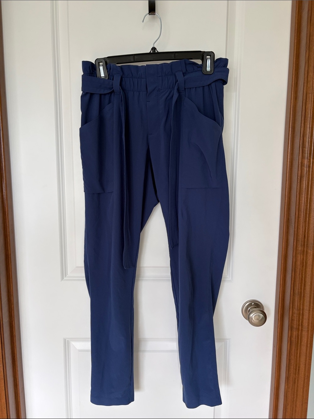 Athleta High-Rise Deep Blue Paperbag Waist Pants with Tie Belt, 2